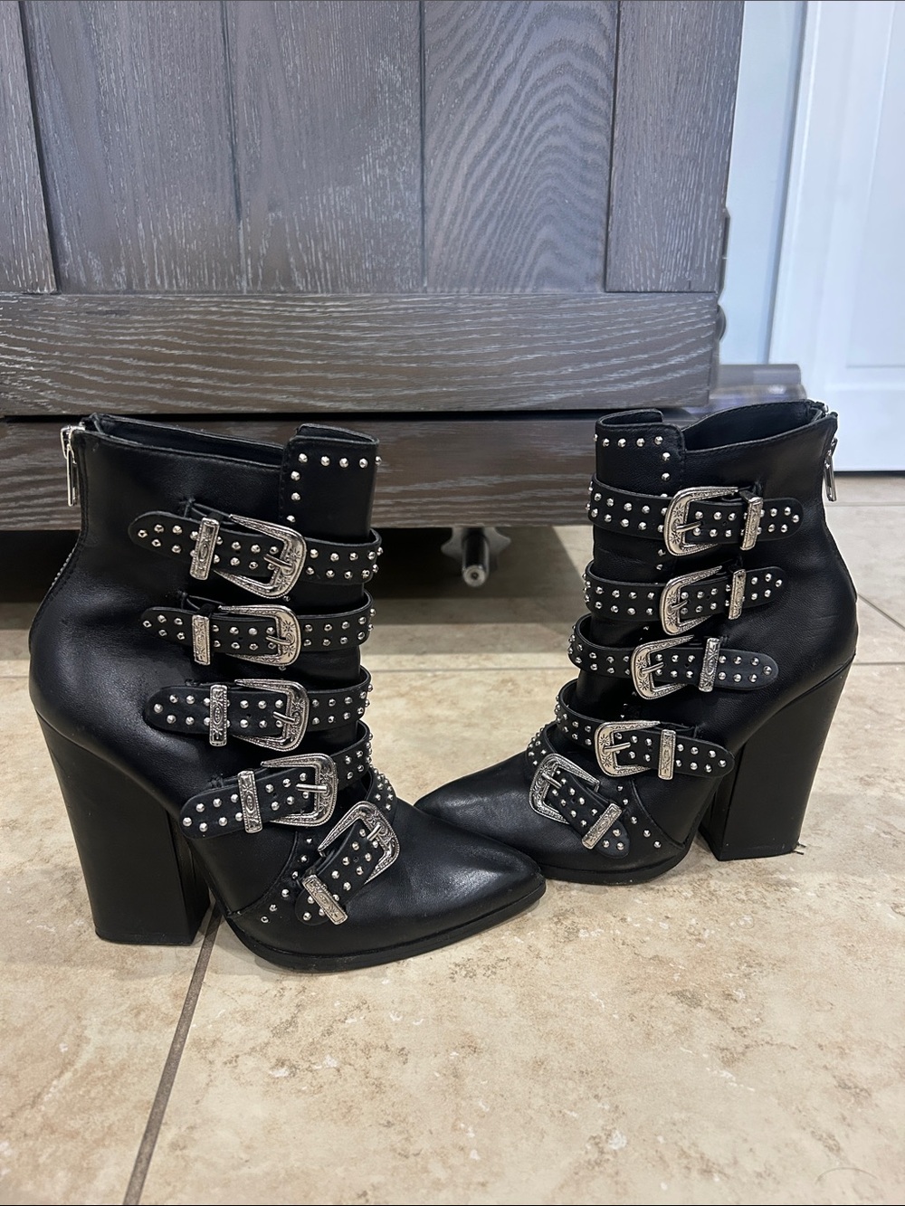 Steve Madden Studded Buckle Ankle Boots - Black